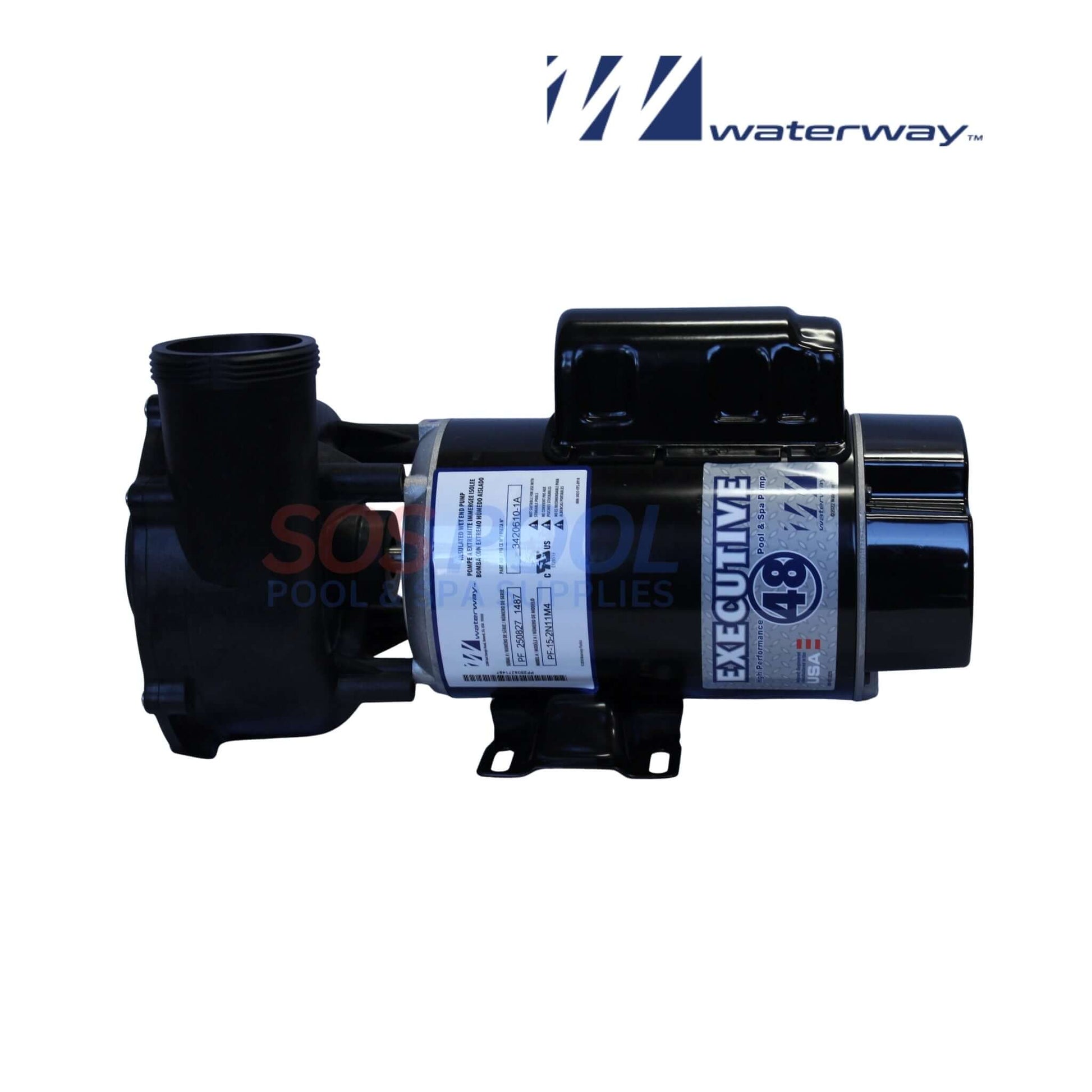 Waterway 1.5HP Executive Spa Pump 115V | 3420610-1A side view showing black casing and label, ideal for high-flow spa circulation, SOS pool supplies.