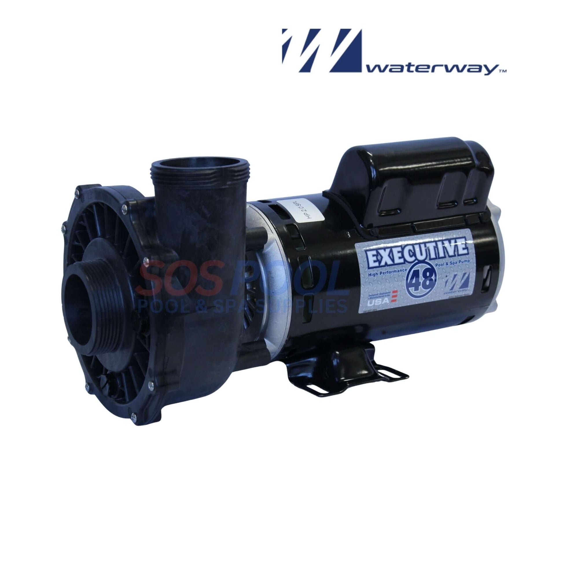 Waterway 2HP Executive Spa Pump 2 Speed | 3420820-1A, black motor, side view, used for hot tubs, from SOS Pool supplies.