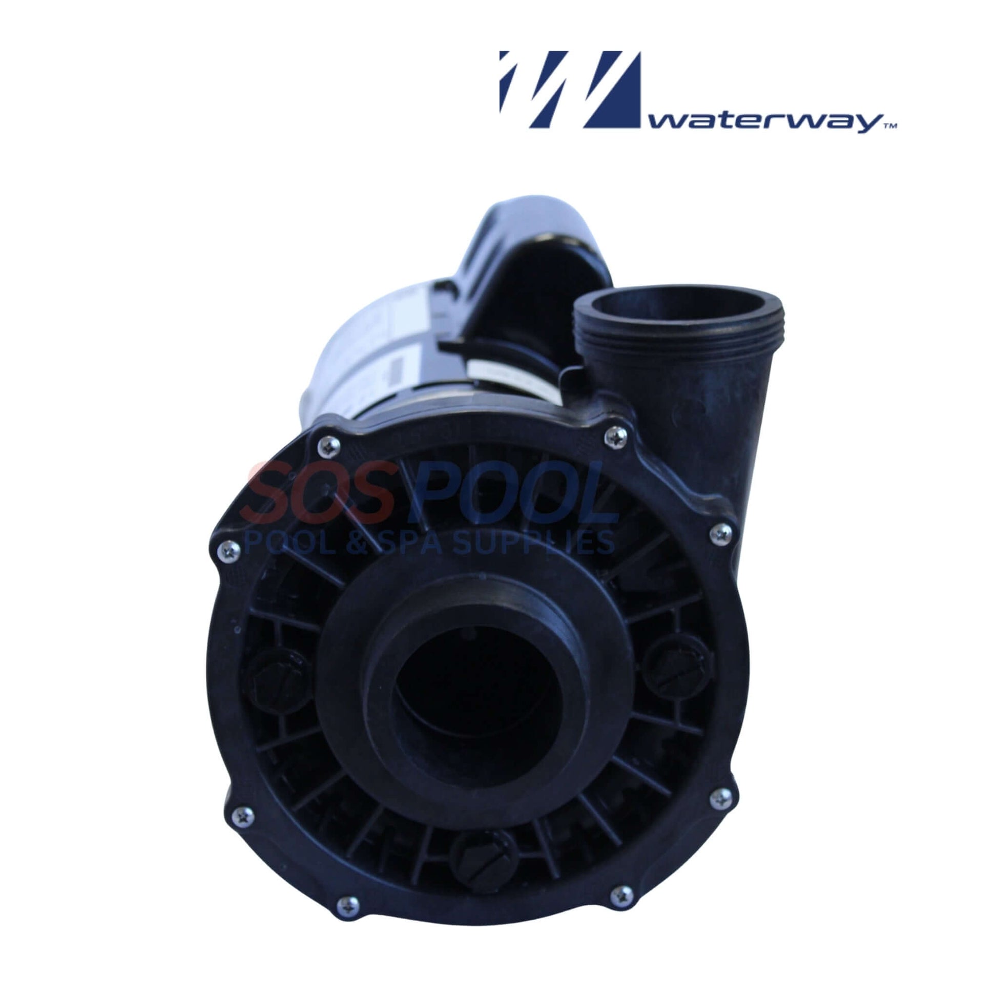 Waterway 2HP Executive Spa Pump 2 Speed | 3420820-1A viewed from the front, showcasing the inlet and outlet, part of SOS Pool supplies.