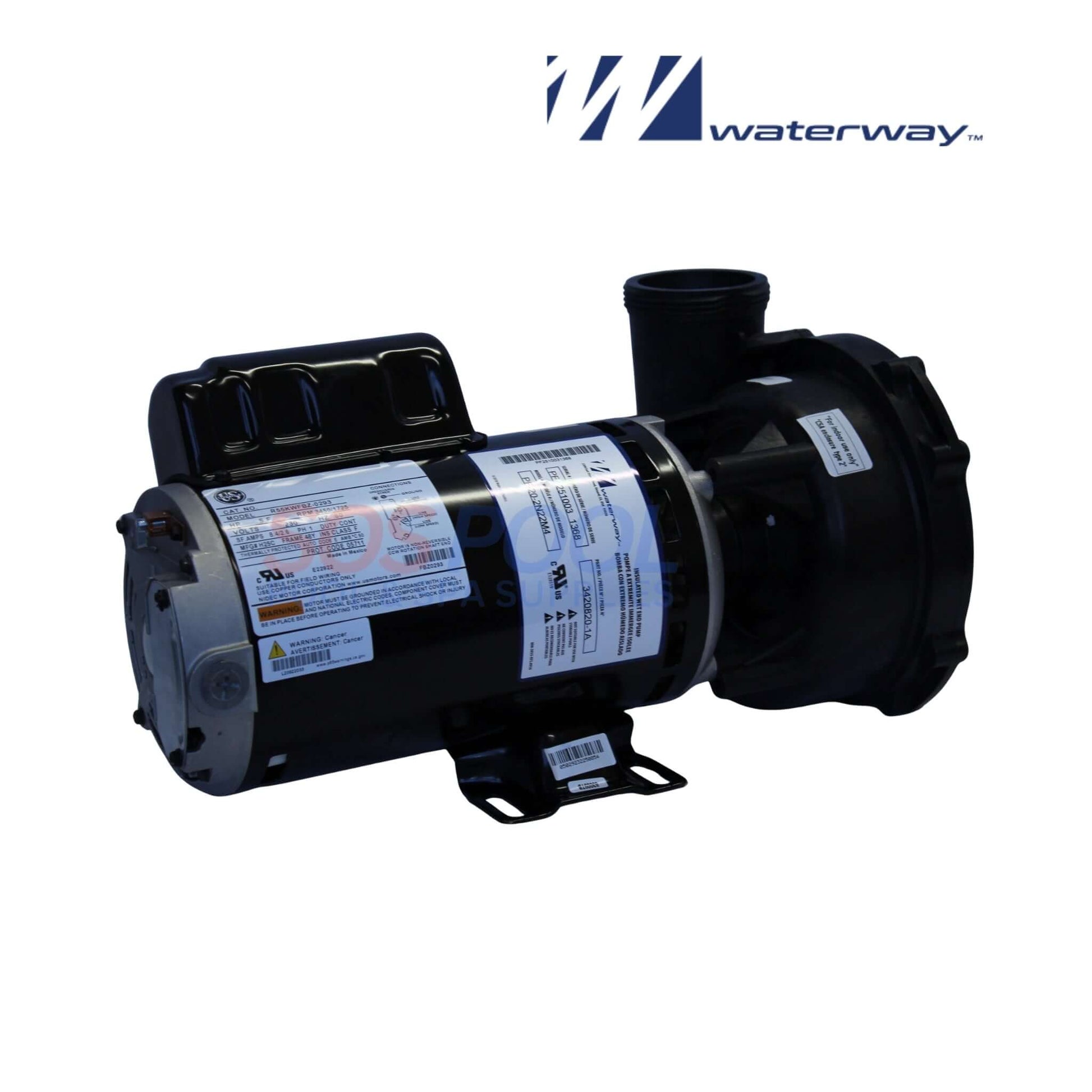 Waterway 2HP Executive Spa Pump 2 Speed | 3420820-1A showcased from the side, highlighting the motor and wet end design for pool supplies.