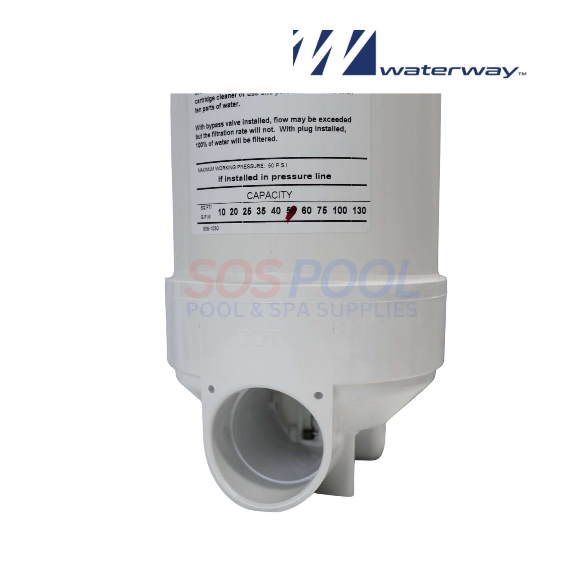 Waterway 50 Sq. Ft. Top Load Cartridge Filter | 502-5010B, white filter with inlet; part of SOS pool supplies.