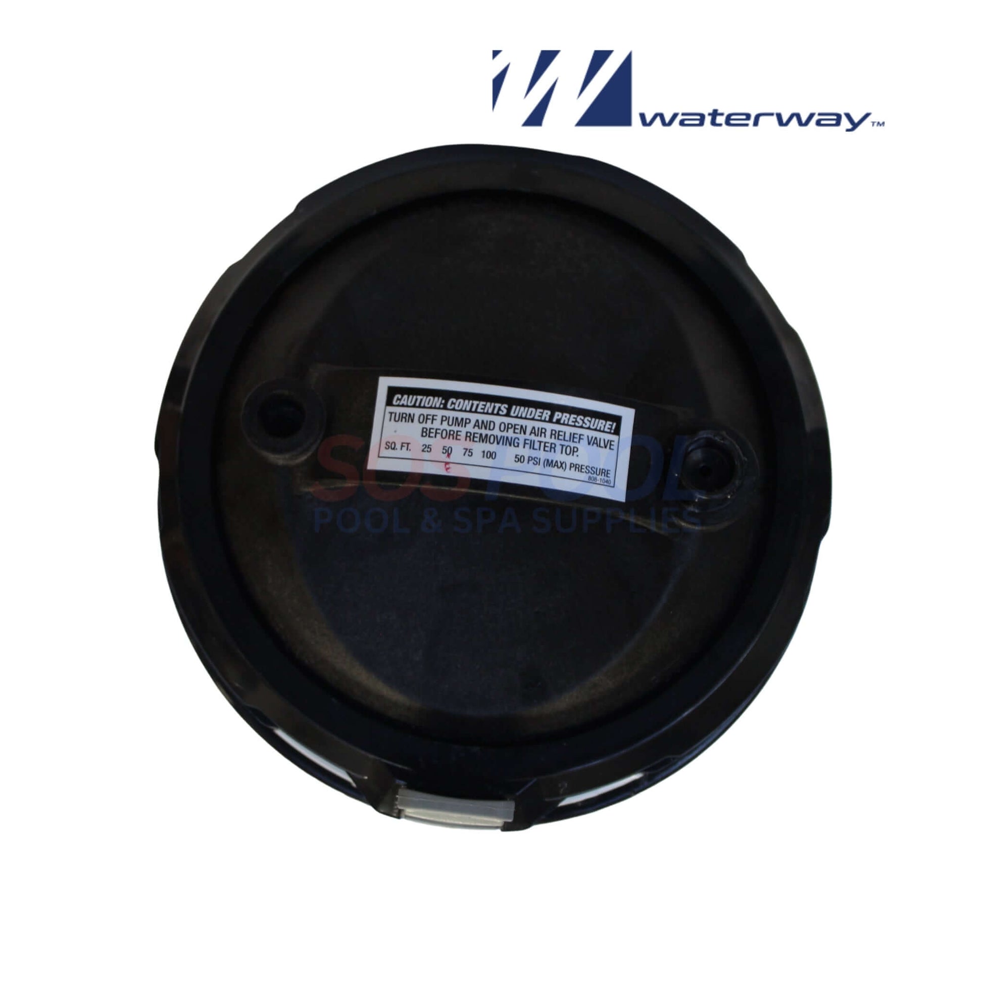 Top view of Waterway 50 Sq. Ft. Top Load Cartridge Filter | 502-5010B lid with caution label, ideal for SOS Pool supplies.