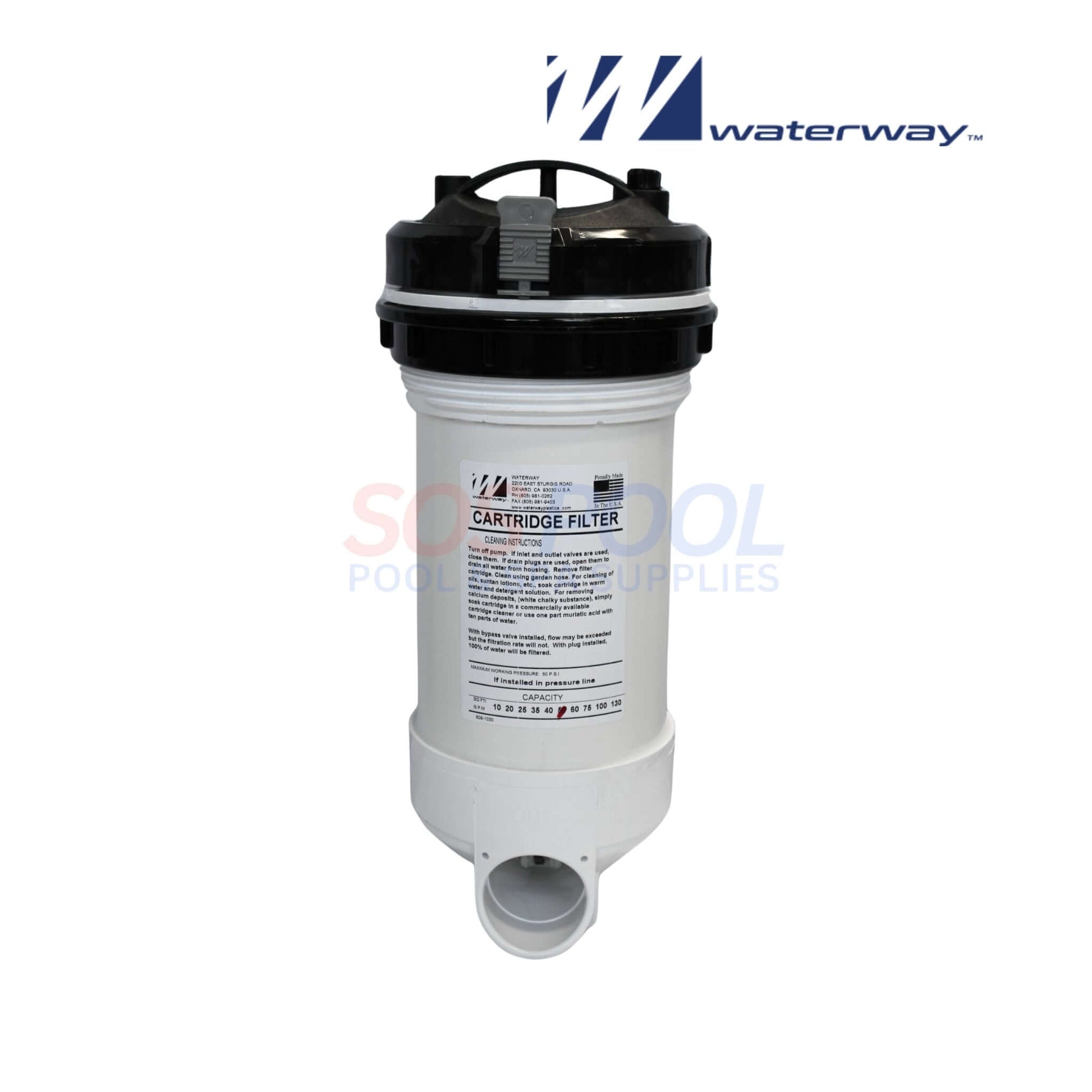 Waterway 50 Sq. Ft. Top Load Cartridge Filter | 502-5010B shown from the front, featuring a top lid and smooth white casing for pool supplies.