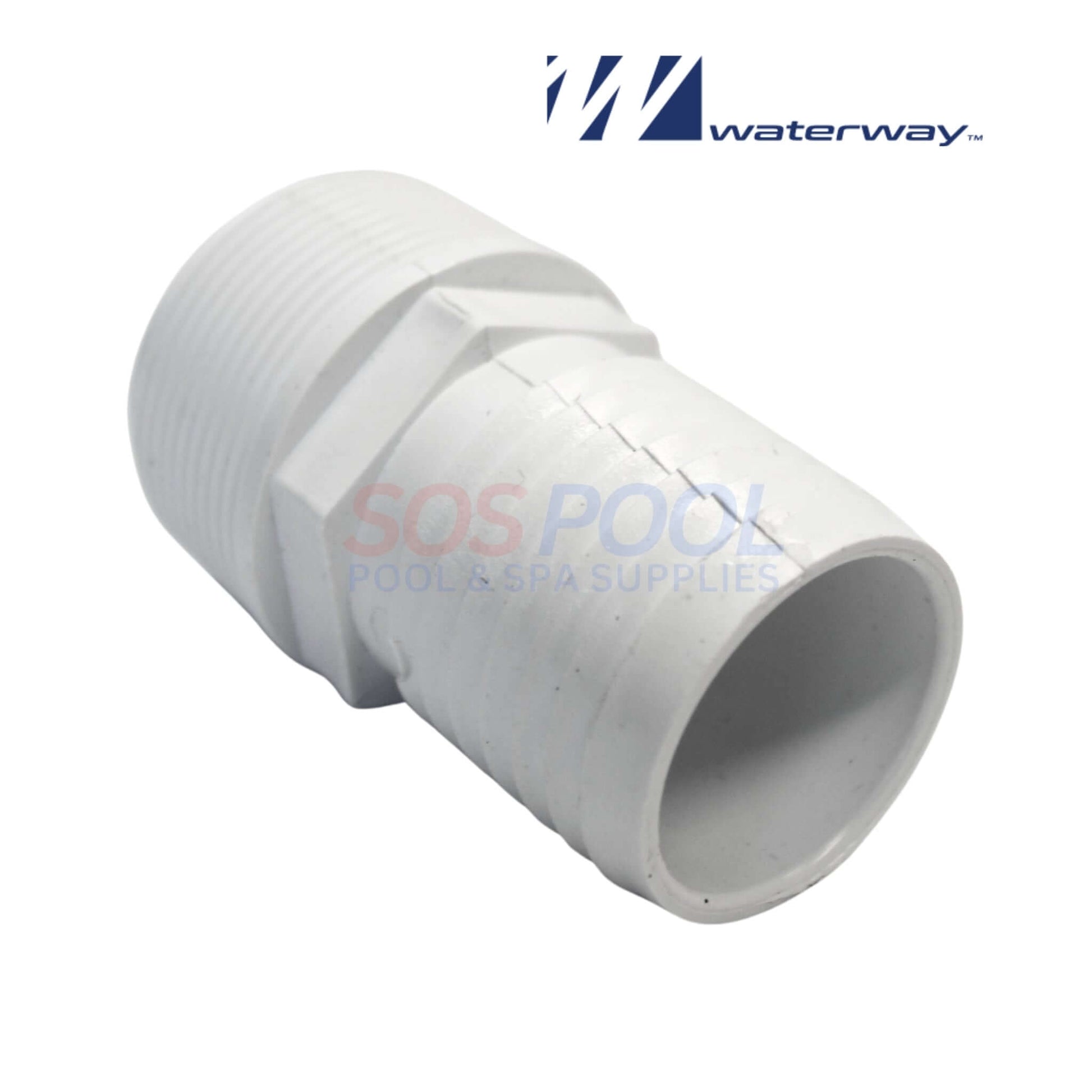 Waterway Barbed Hose Adapter 1.5" x 1.5" | 417-6150 in white, showcasing threaded connection for pool plumbing.