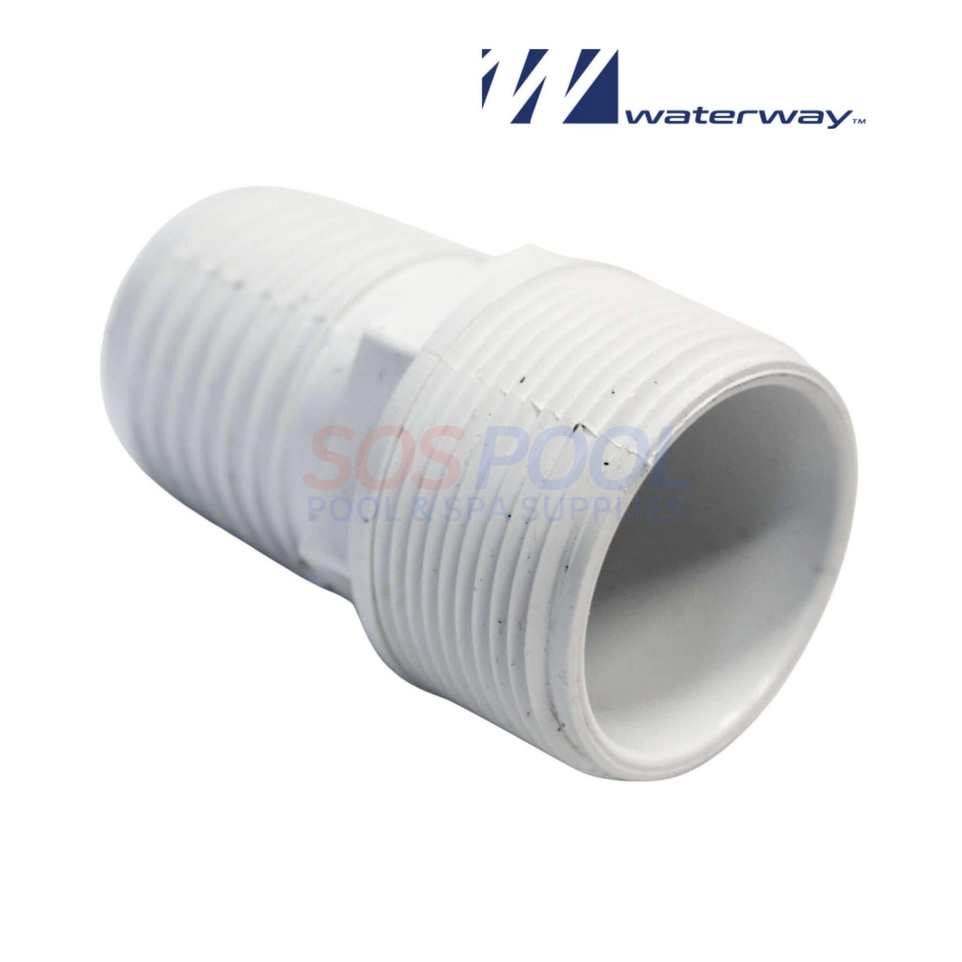 Waterway Barbed Hose Adapter 1.5" x 1.5" | 417-6150, white plastic, viewed from side, ideal for pool plumbing integration.