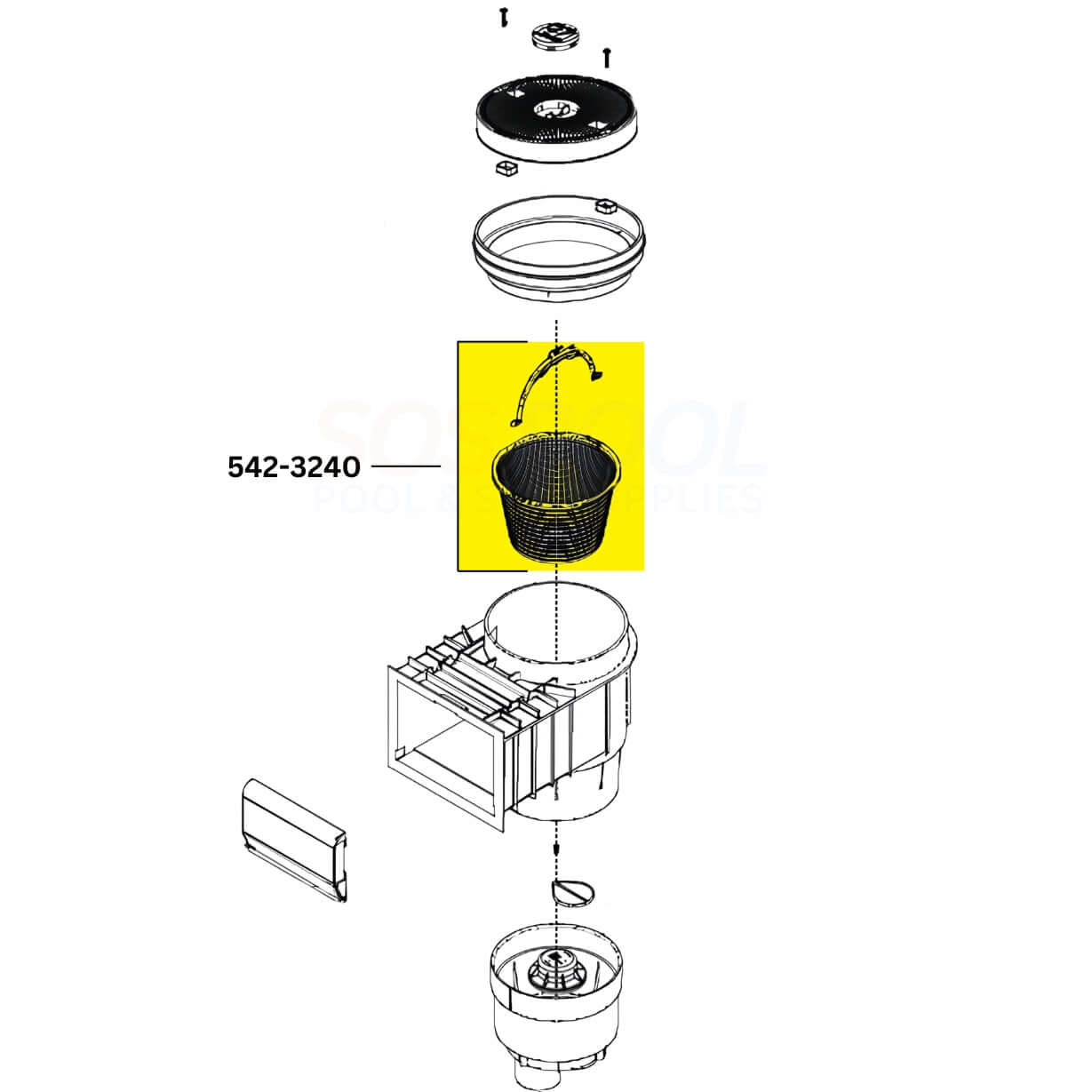 Diagram of Waterway 542-3240 replacement basket with handle for Renegade skimmer, enhancing pool maintenance.