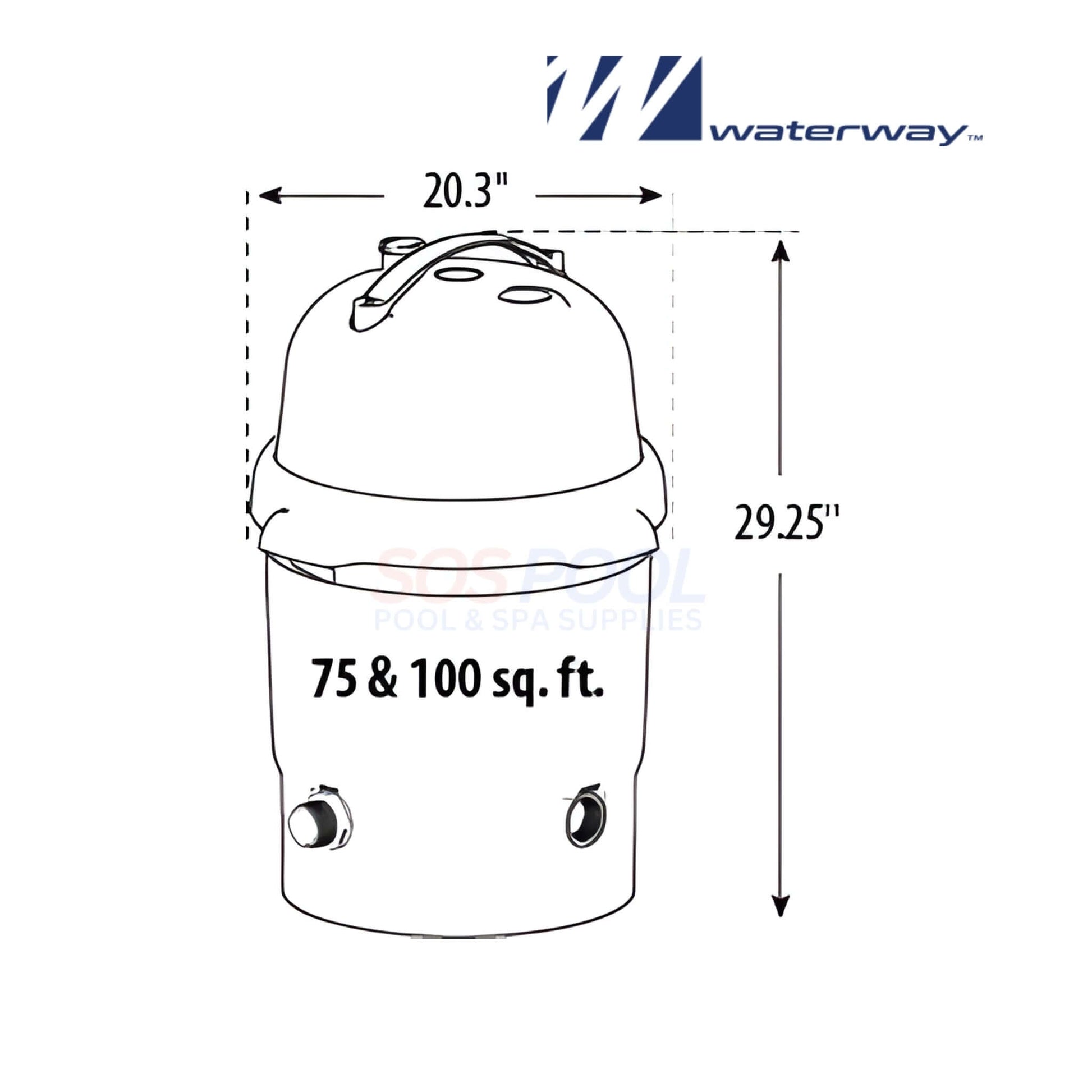 Waterway ClearWater II Filter 100 Sq. Ft. | FC1007 diagram showing dimensions 20.3" width and 29.25" height for pool supplies.