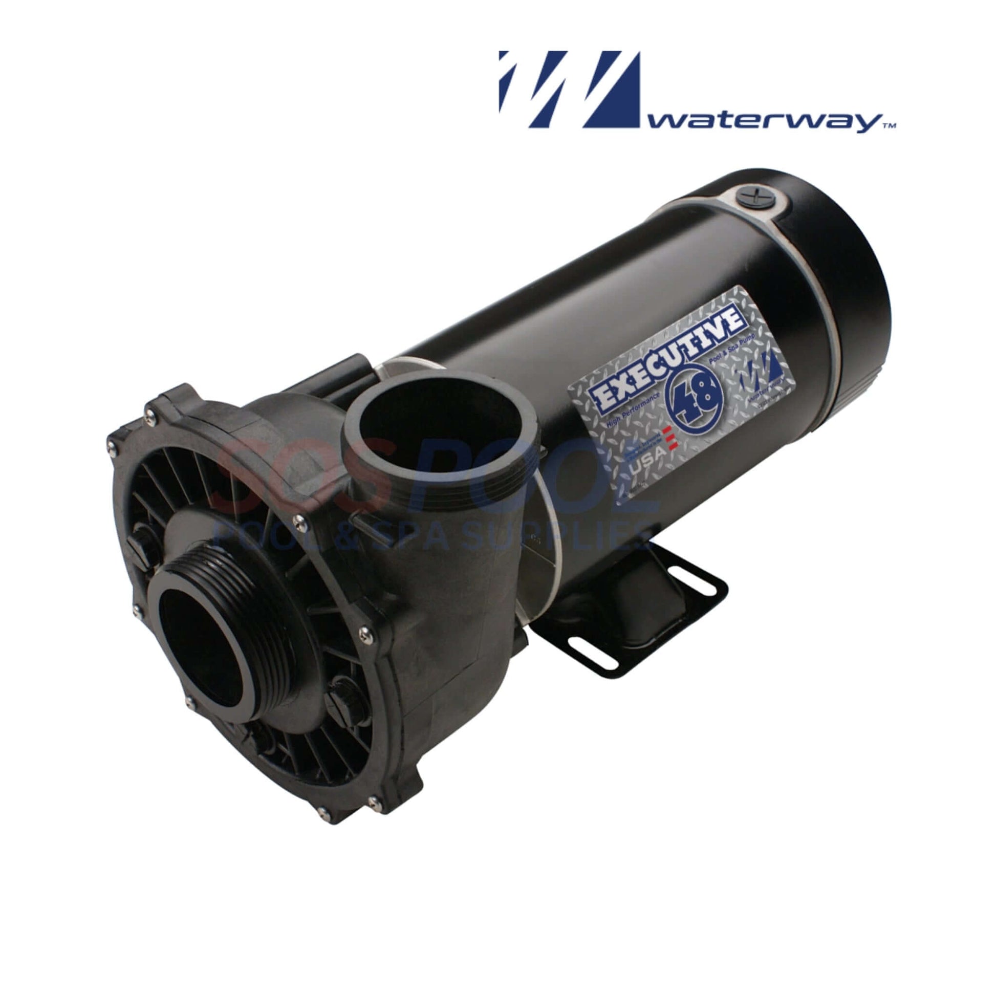 Waterway Executive 48-Frame Pump 3420620-1A in black, showcasing dual-speed performance for pools and spas, used for efficient water circulation.