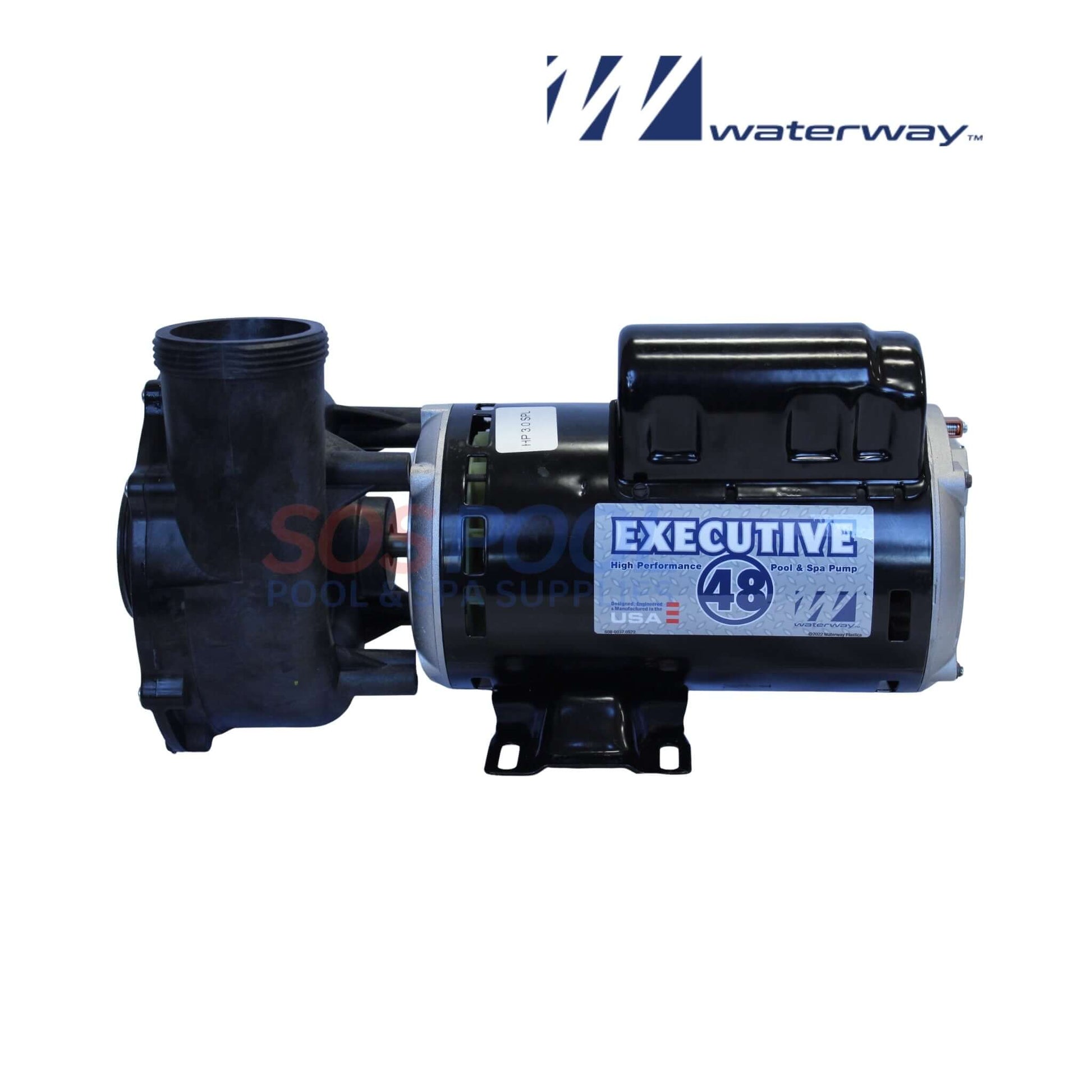 Waterway Executive Pump 3HP 2 Speed | 3421221-1A, 48-frame spa pump, rugged design, SOS Pool supplies, black and silver color.