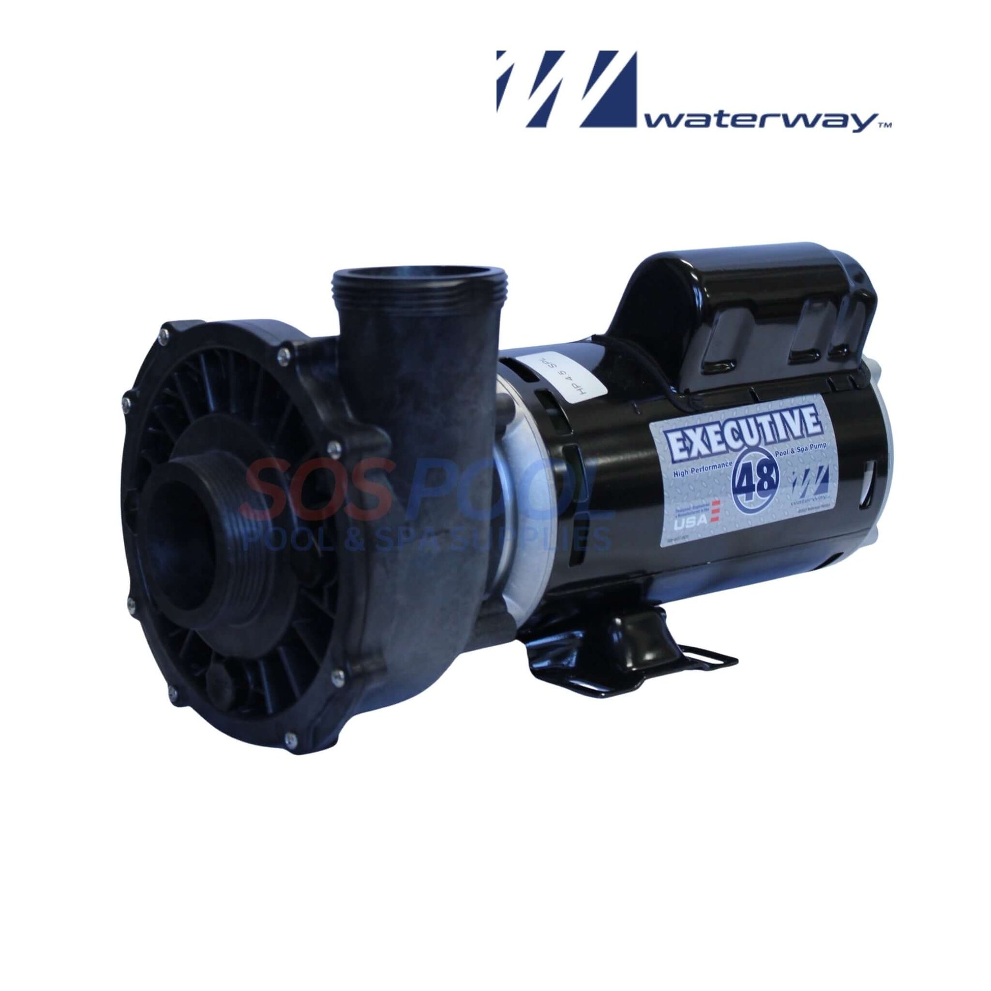 Waterway Executive Pump 4.5HP 2 Speed | 3421821-1A, black pump, side view, designed for spa applications, from SOS Pool supplies.