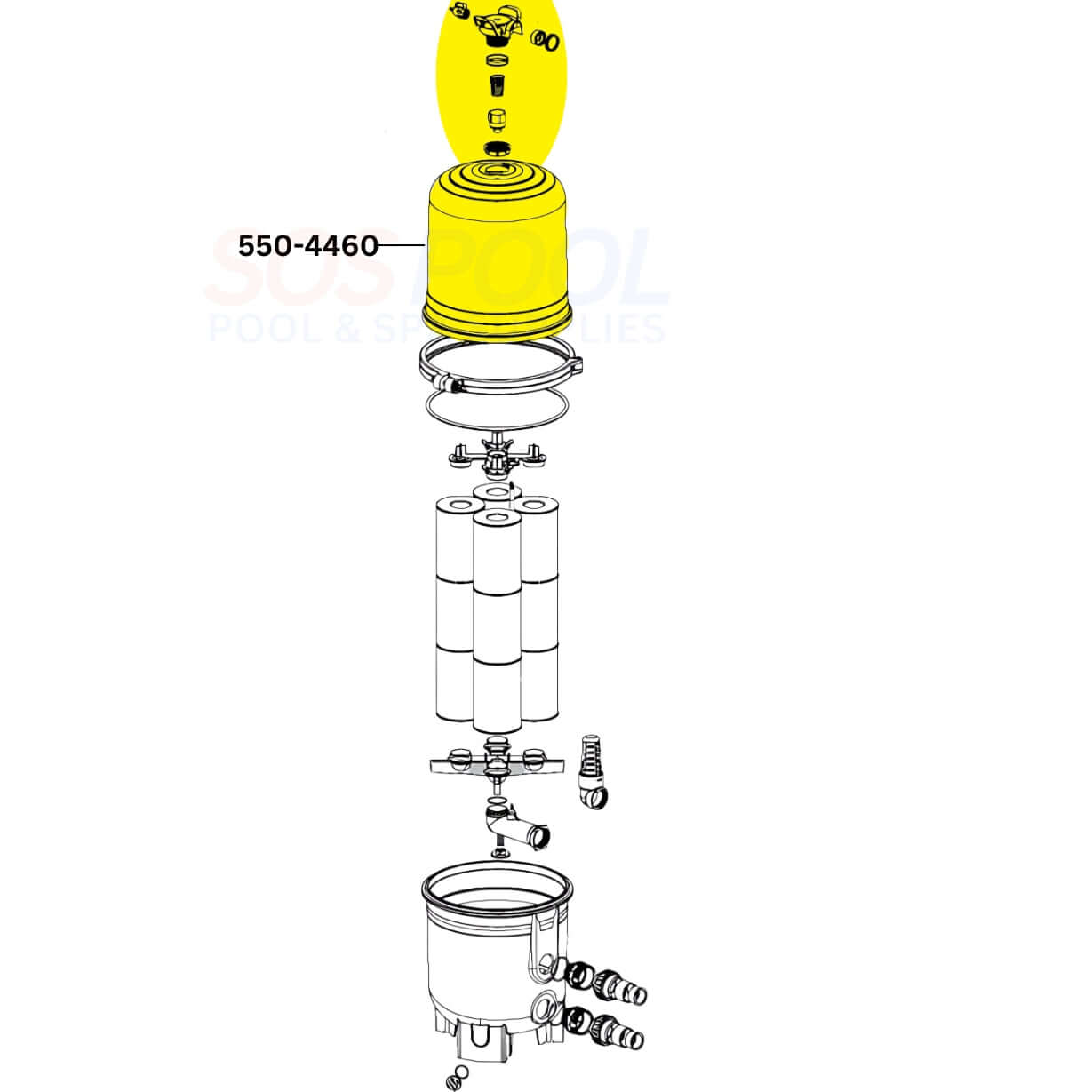 Exploded view diagram of Waterway Filter Lid 550-4460 for Crystal Water 325 filters, ideal for SOS Pool maintenance.