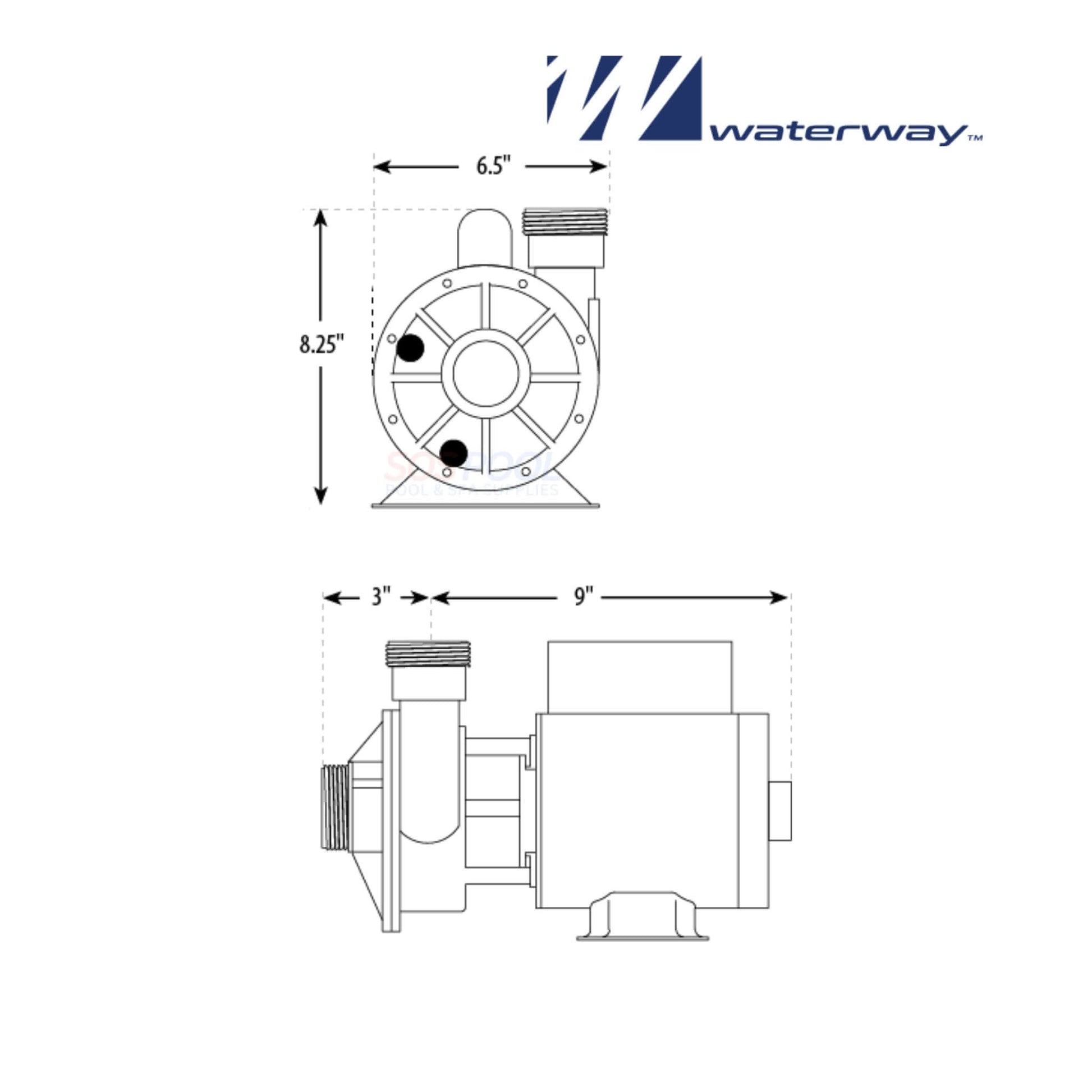 Waterway Iron Might Spa/Pond Pump 1/15HP | 3410030-1E dimensions and design schematic for reliable water movement in pools and spas.