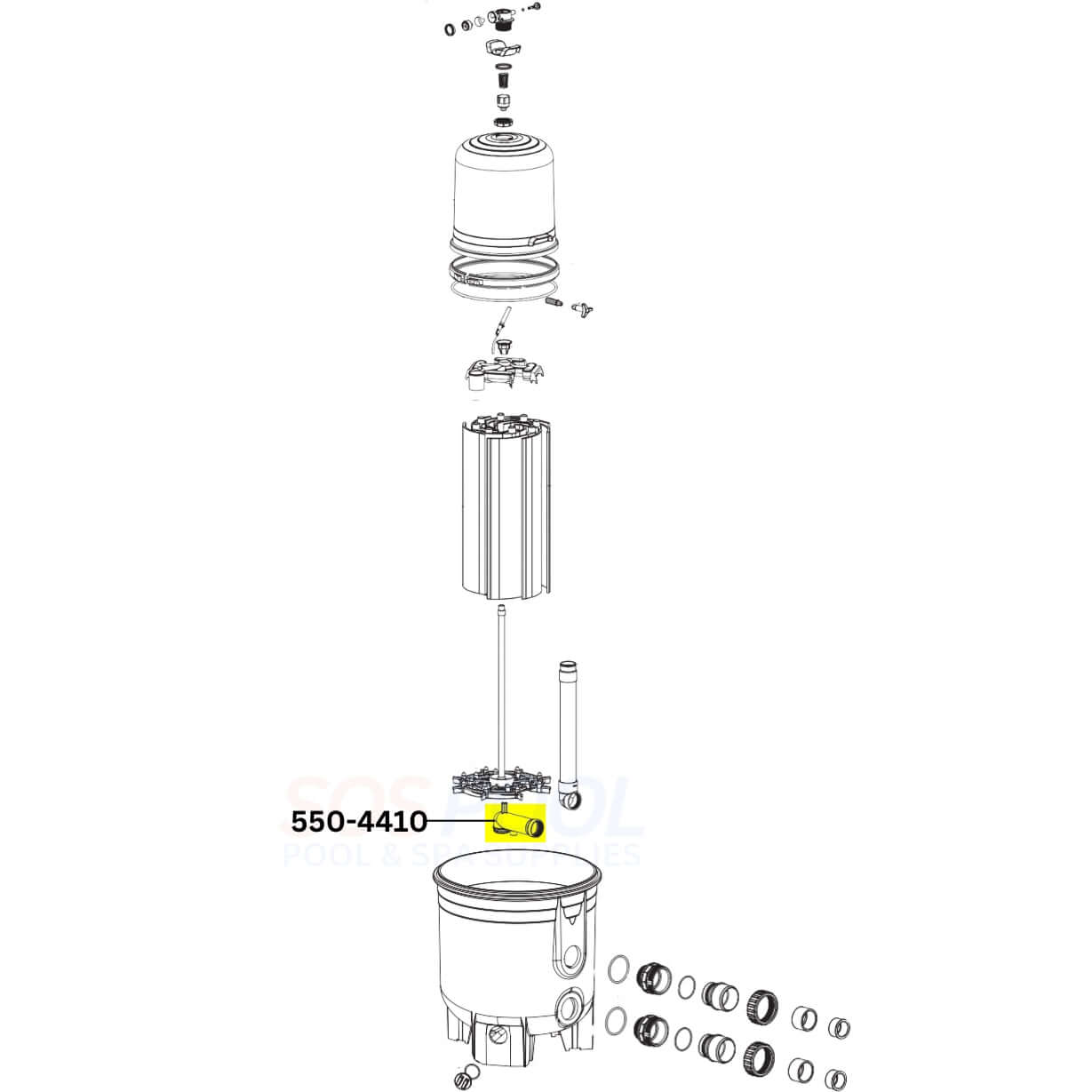 Waterway Long Elbow Fitting diagram for Crystal Water DE Filters 550-4410, part of SOS Pool filtration system.