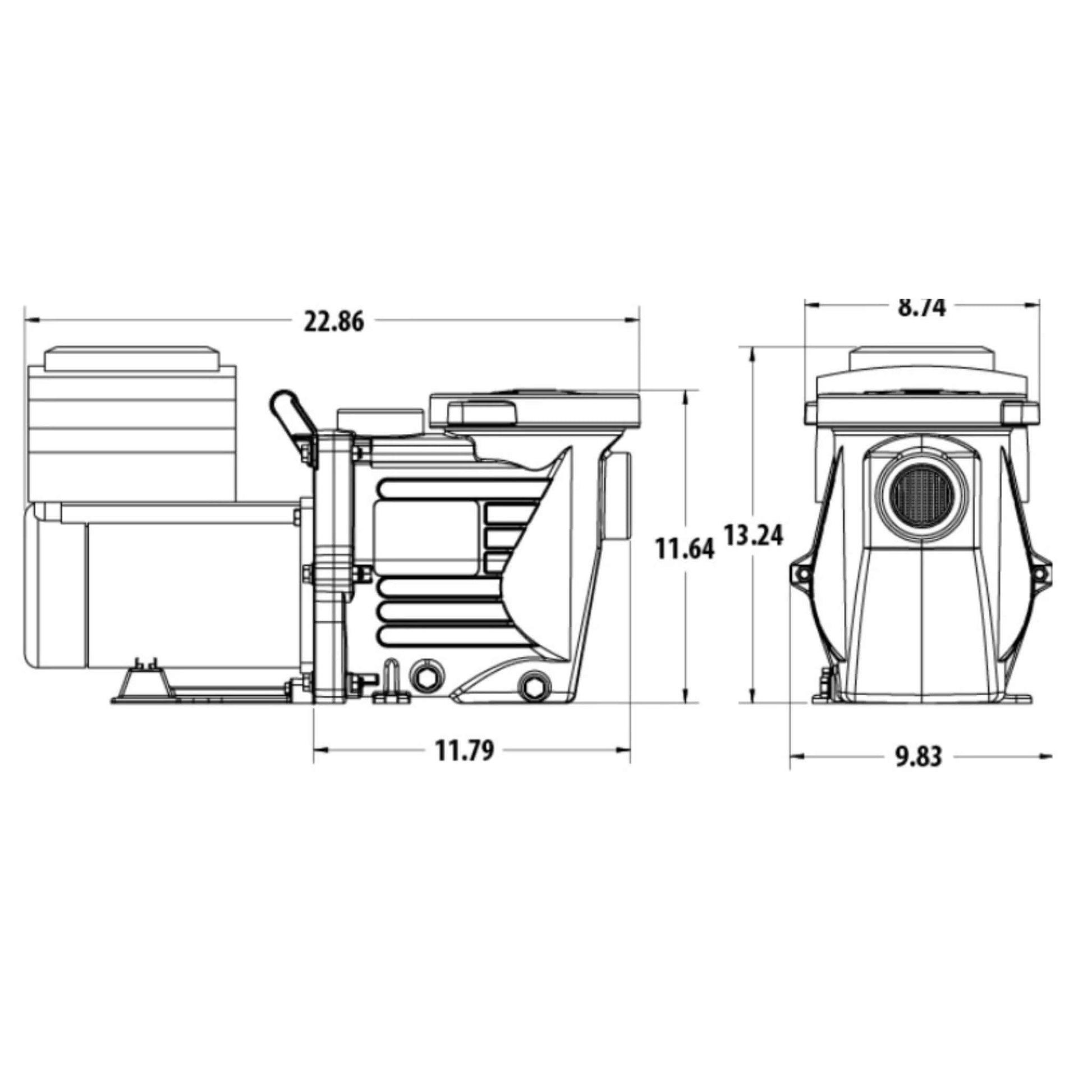 Technical drawing of the Waterway Power Defender PD-225 2.25 HP variable-speed pool pump, dimensions and design features.