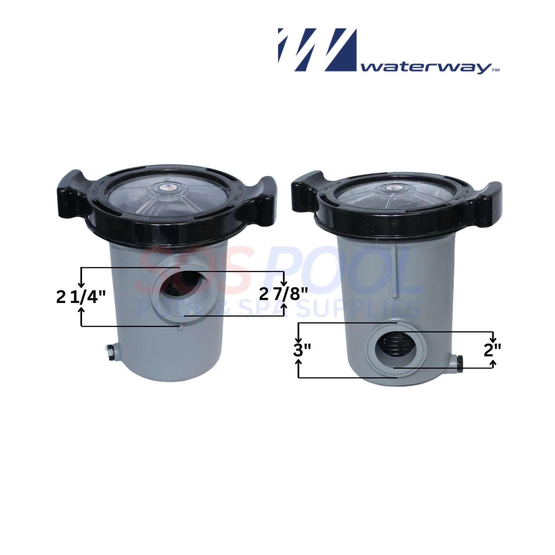 Waterway Pump Trap 2" x 2" 310-6600 strainer assembly, features a basket and lid for debris filtration, ideal for SOS Pool.
