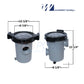 Waterway Pump Trap 310-6600, 2" x 2" strainer assembly for pool and spa filtration, dimensions included, SOS Pool logo.