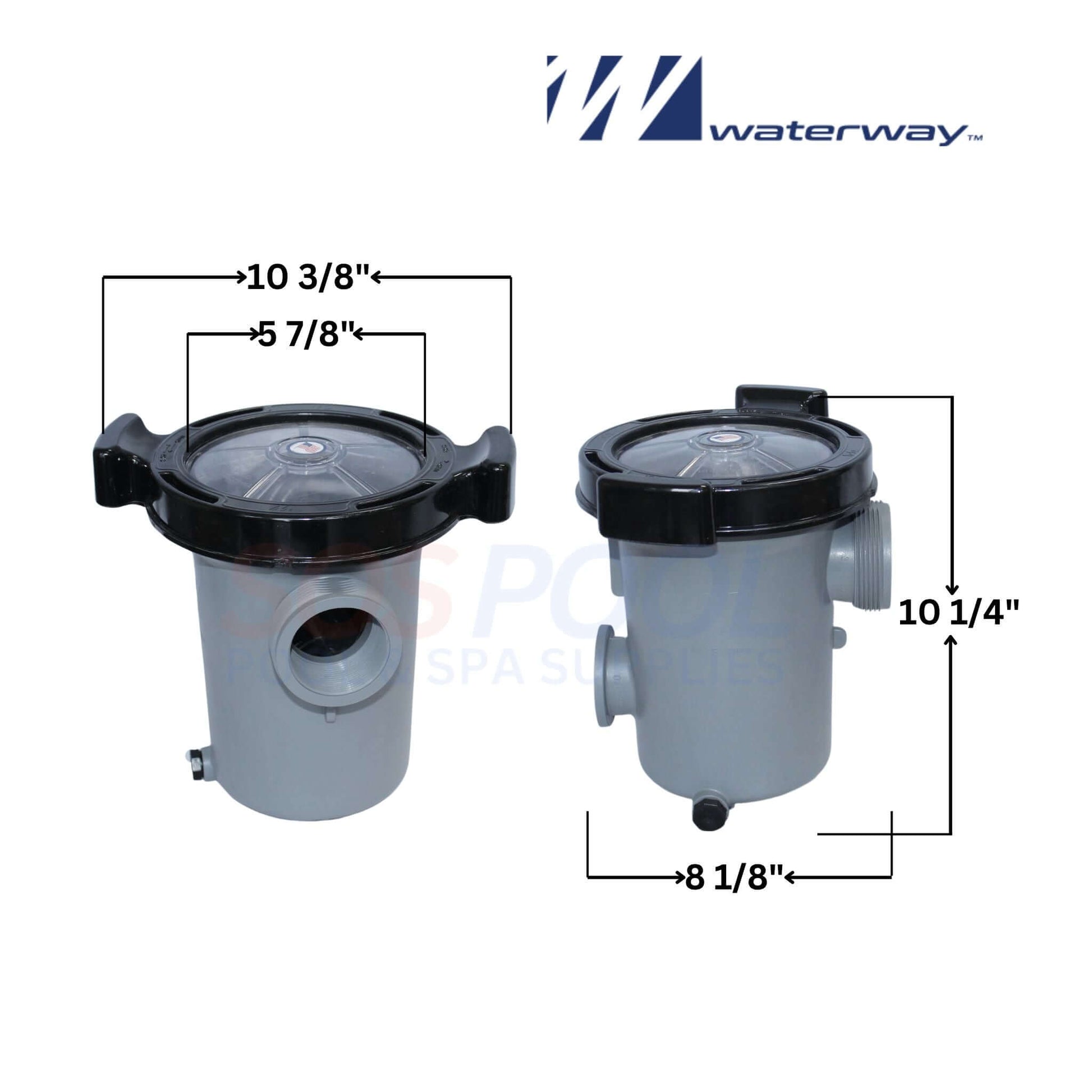Waterway Pump Trap 310-6600, 2" x 2" strainer assembly for pool and spa filtration, dimensions included, SOS Pool logo.