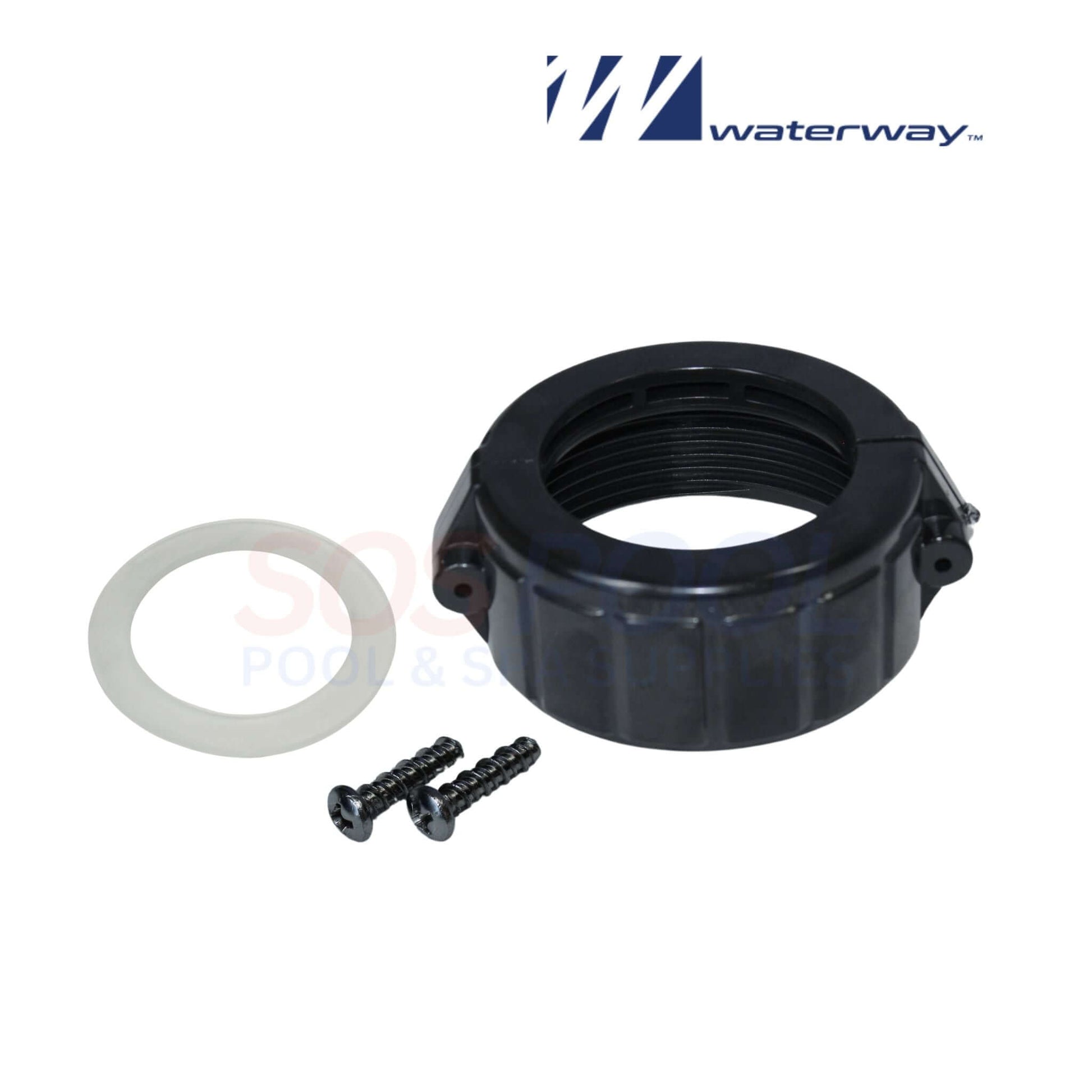 Waterway Pump Trap assembly parts including screws and gasket for efficient pool and spa debris filtration - SOS Pool.