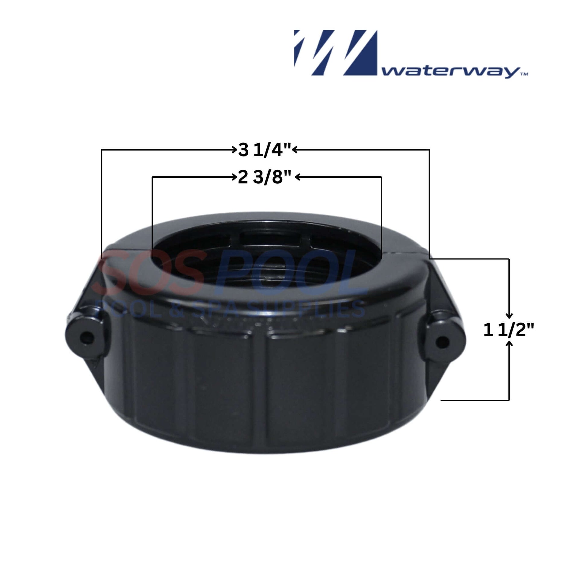 Waterway 2" Heater Split Nut 400-5161B dimensions with SOS Pool branding, crafted for durable plumbing connections.