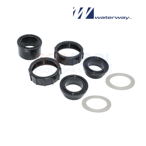 Waterway replacement plumbing fittings set for Mustang & SVL pumps, includes washers and connectors, part of SOS Pool system.