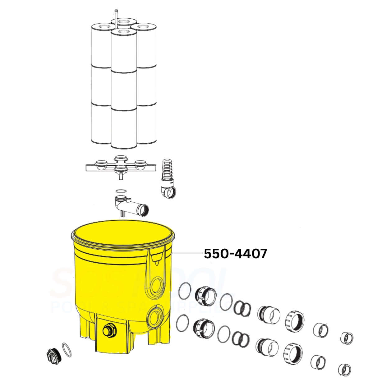 Waterway Tank Bottom 550-4407 in yellow with accessories, compatible with Crystal Water Cartridge Filters for pool maintenance.