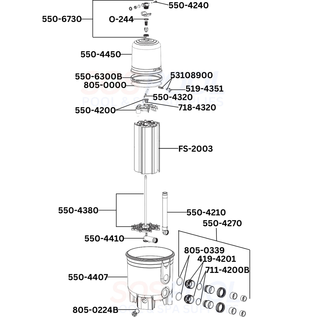 Waterway Crystal Water DE Filter 570-0036-07 Diagram & Part List