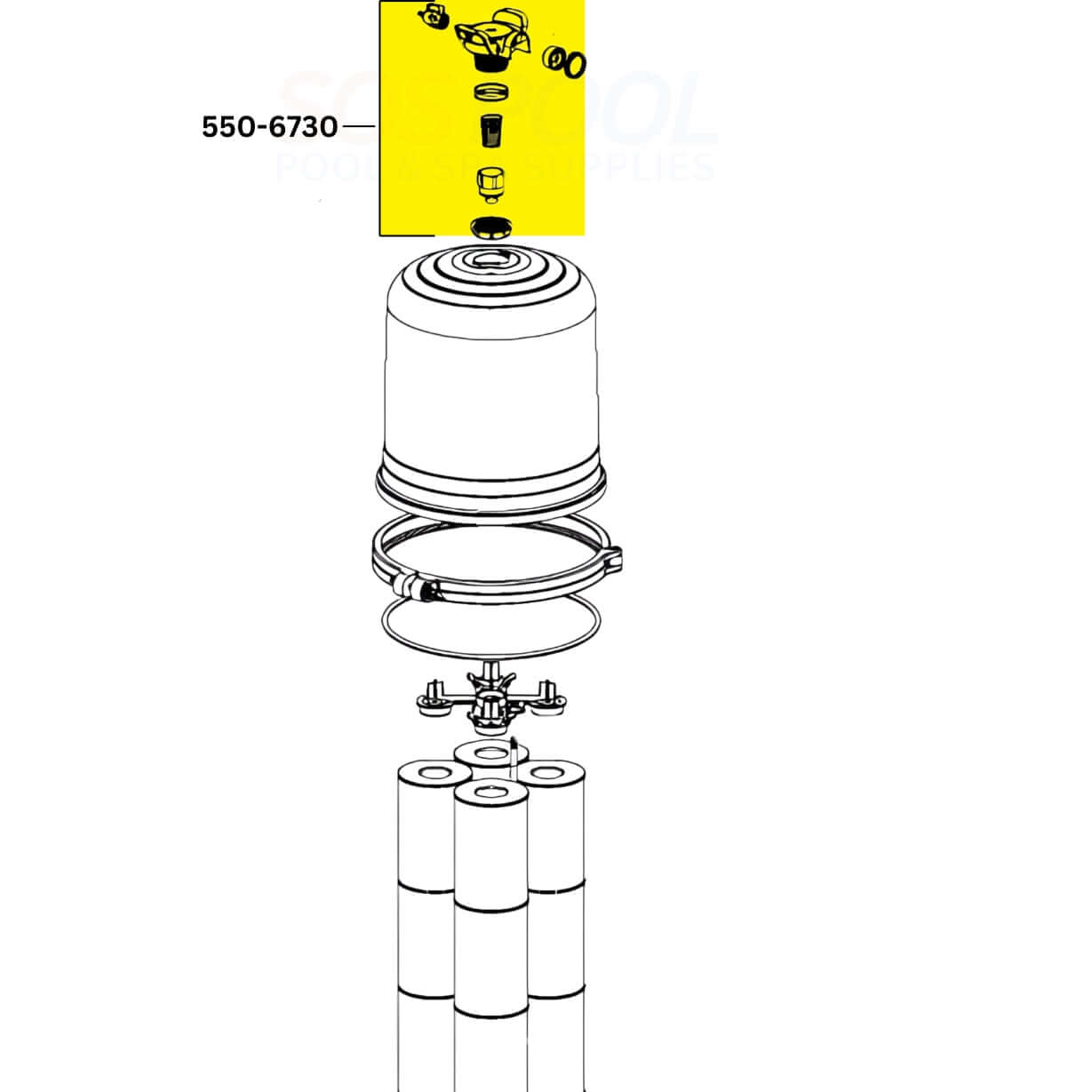 Waterway HD Pressure Relief Valve 550-6730 assembly diagram for Crystal Water Filters, ideal for SOS Pool systems.
