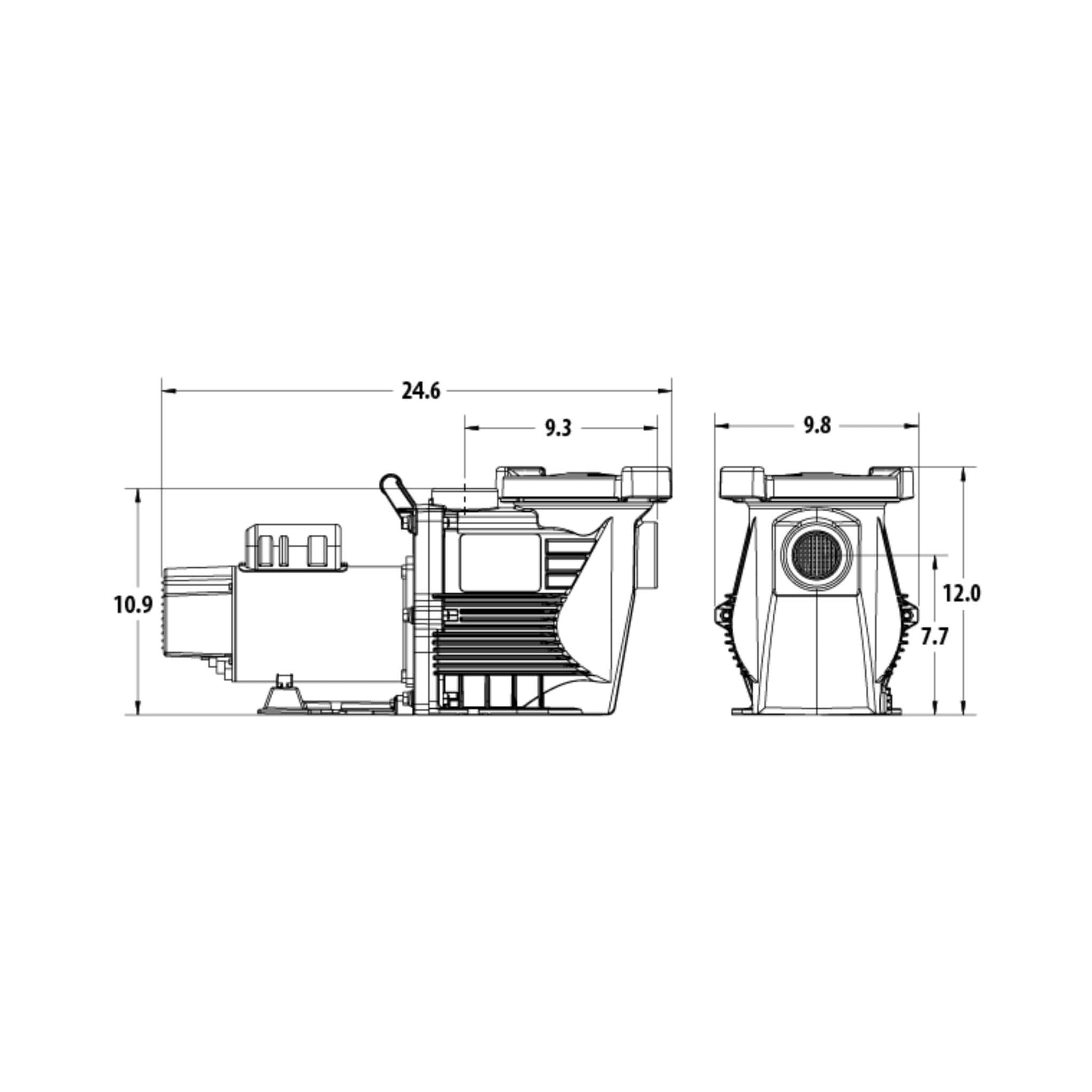 Waterway Power Defender PD-110 single speed pump dimensions drawing, showcasing size and specifications for pool installation.