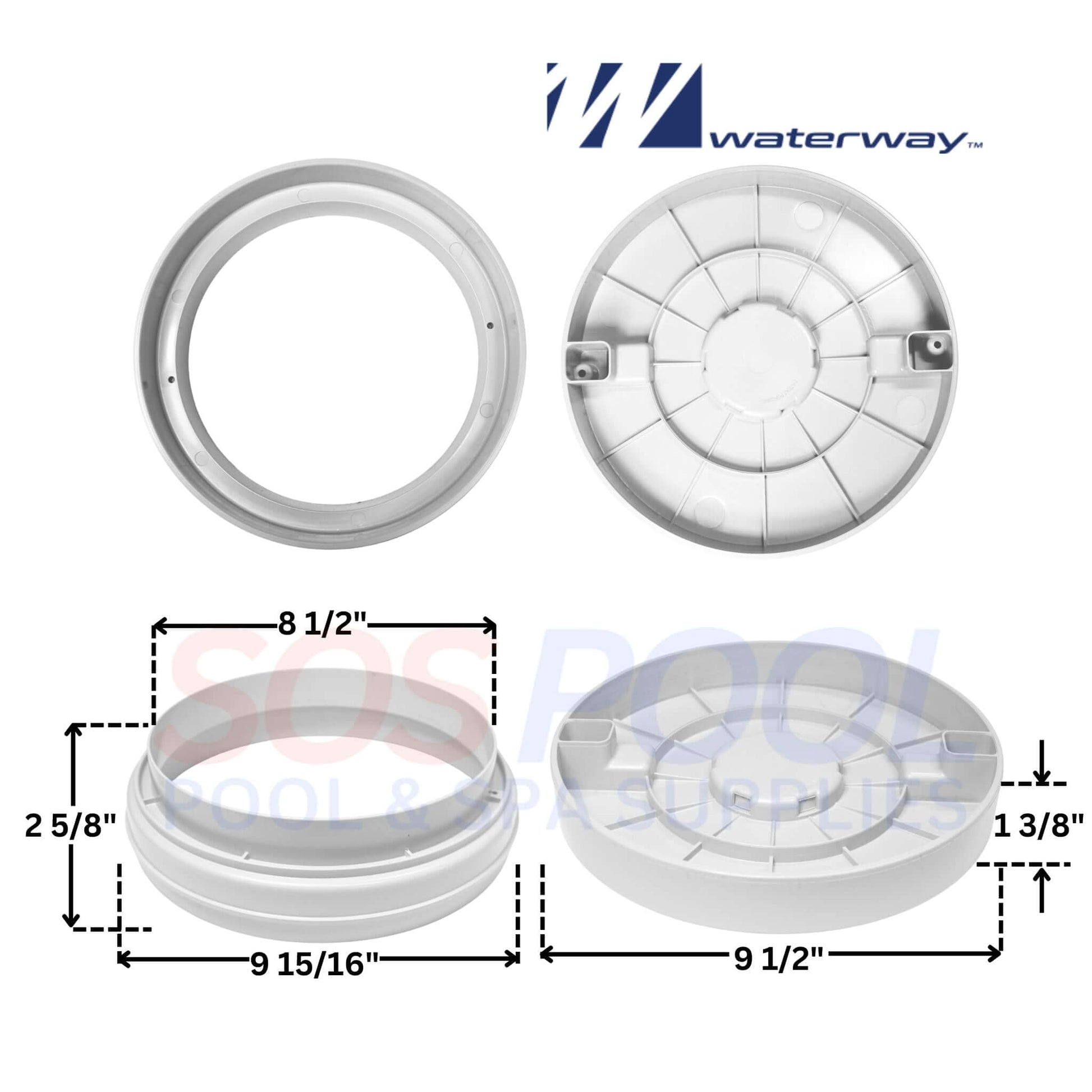 Waterway Reversible Skimmer Lid Assembly 540-7800WW, White, compatible with SOS Pool systems, dimensions provided.