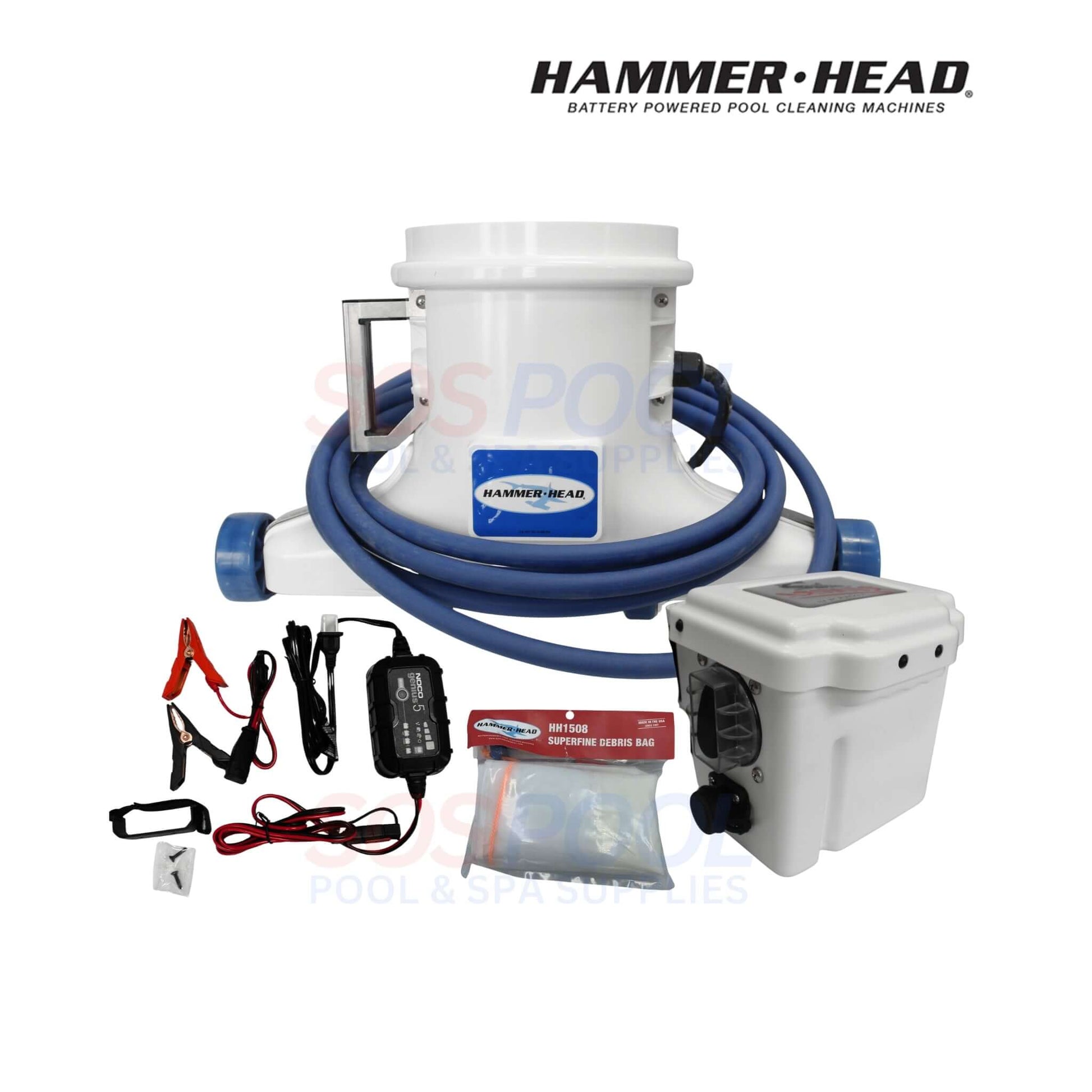 HammerHead Remora Portable Pool Vacuum | XR1600 with battery, power cord, and accessories for efficient pool cleaning.