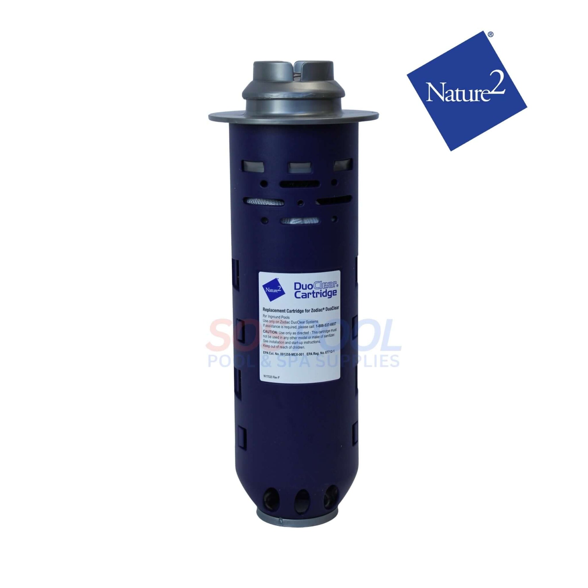 Zodiac Nature2 DuoClear 35k Mineral Cartridge | W28001 shown in purple, used for improving pool sanitation and clarity.