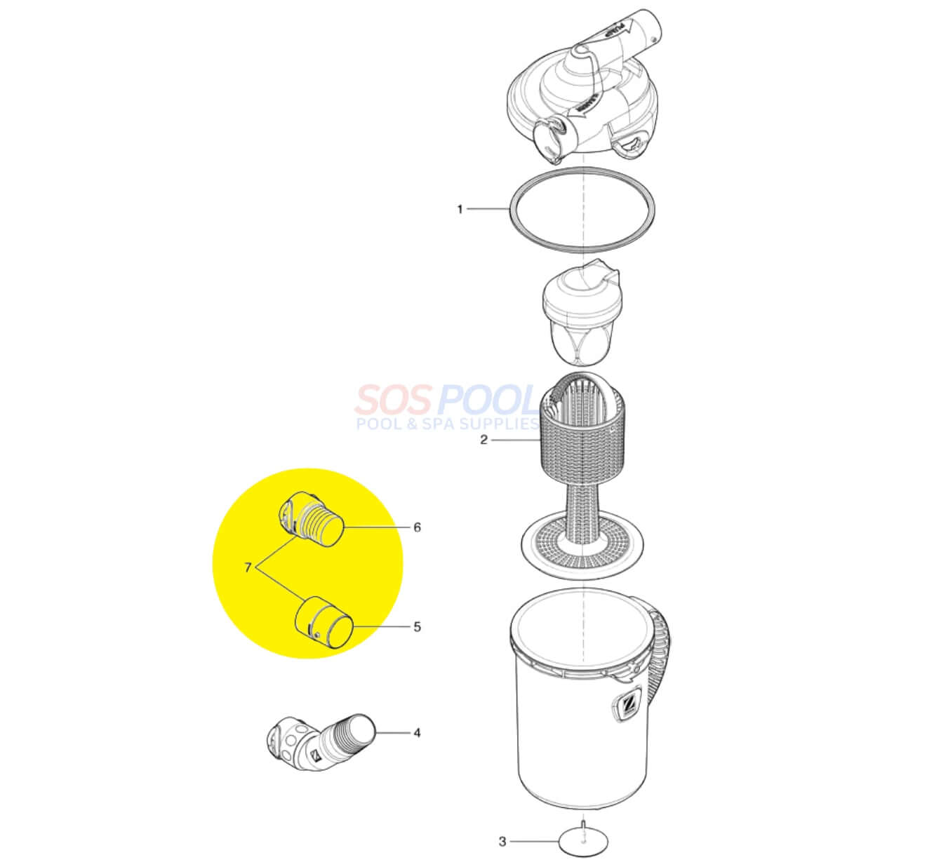 Zodiac Twist Lock Cuff Male Adapter Kit for Cyclonic Leaf Catcher parts diagram by SOS Pool, highlighting essential components.