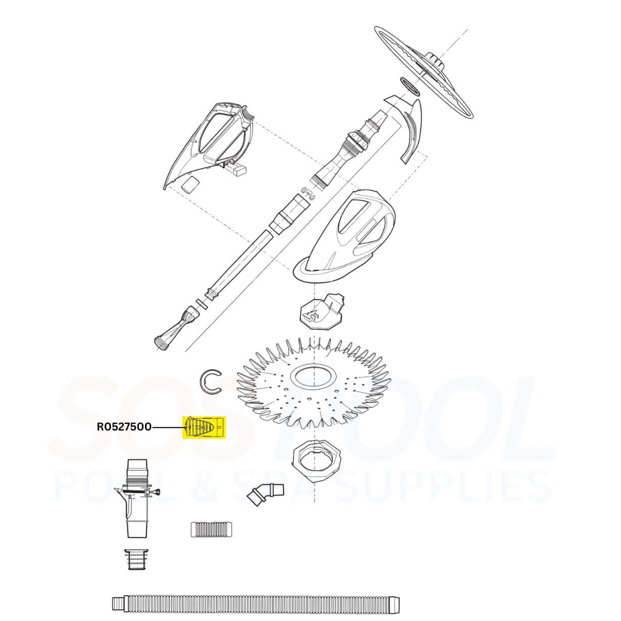 Zodiac Flow Gauge R0527500 replacement parts diagram for G3, G2, T5 Du, and X7 Quattro pool cleaners by SOS Pool.