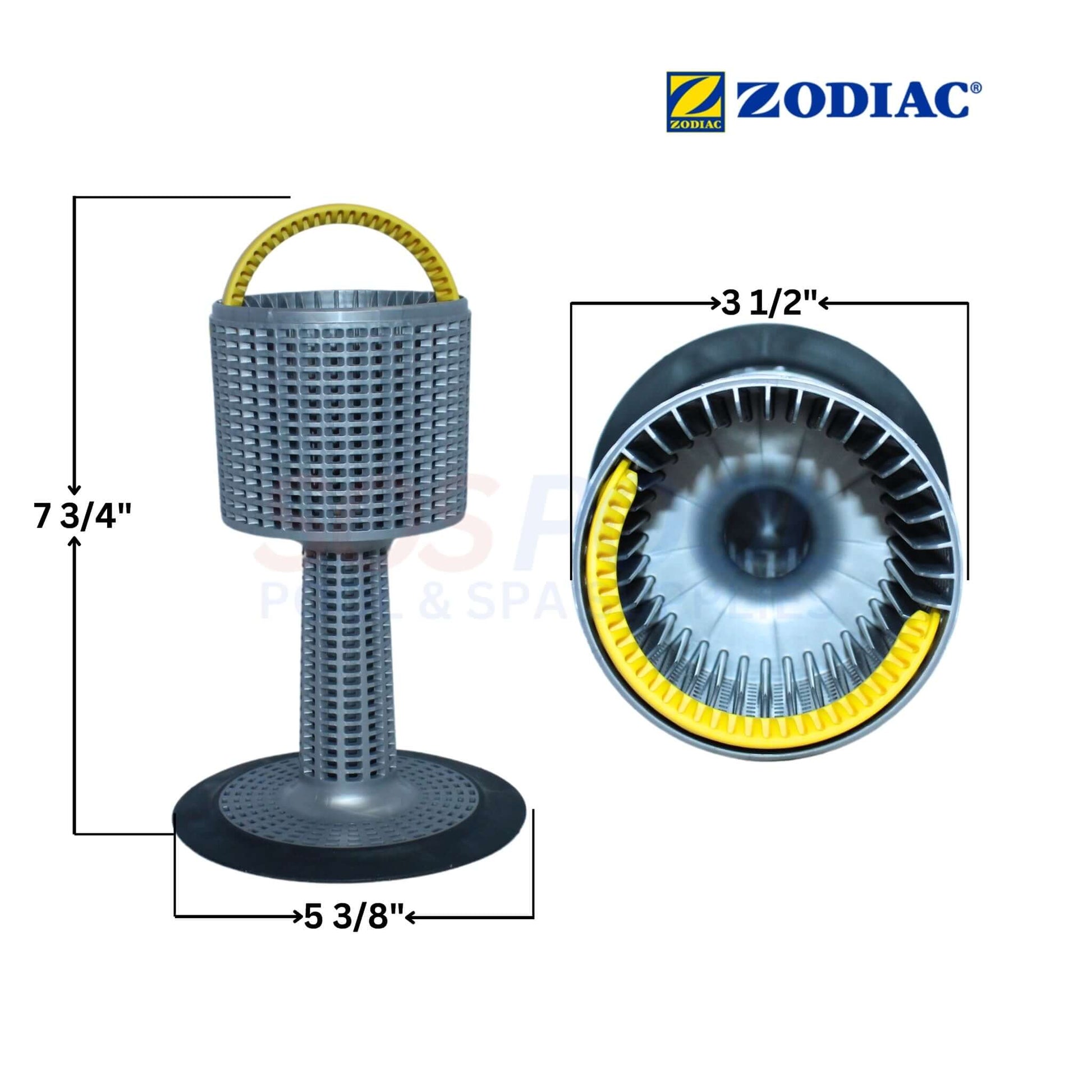 Zodiac Leaf Catcher Strainer Basket R0691700 showing dimensions, durable design for pool use, ideal for SOS Pool supplies.