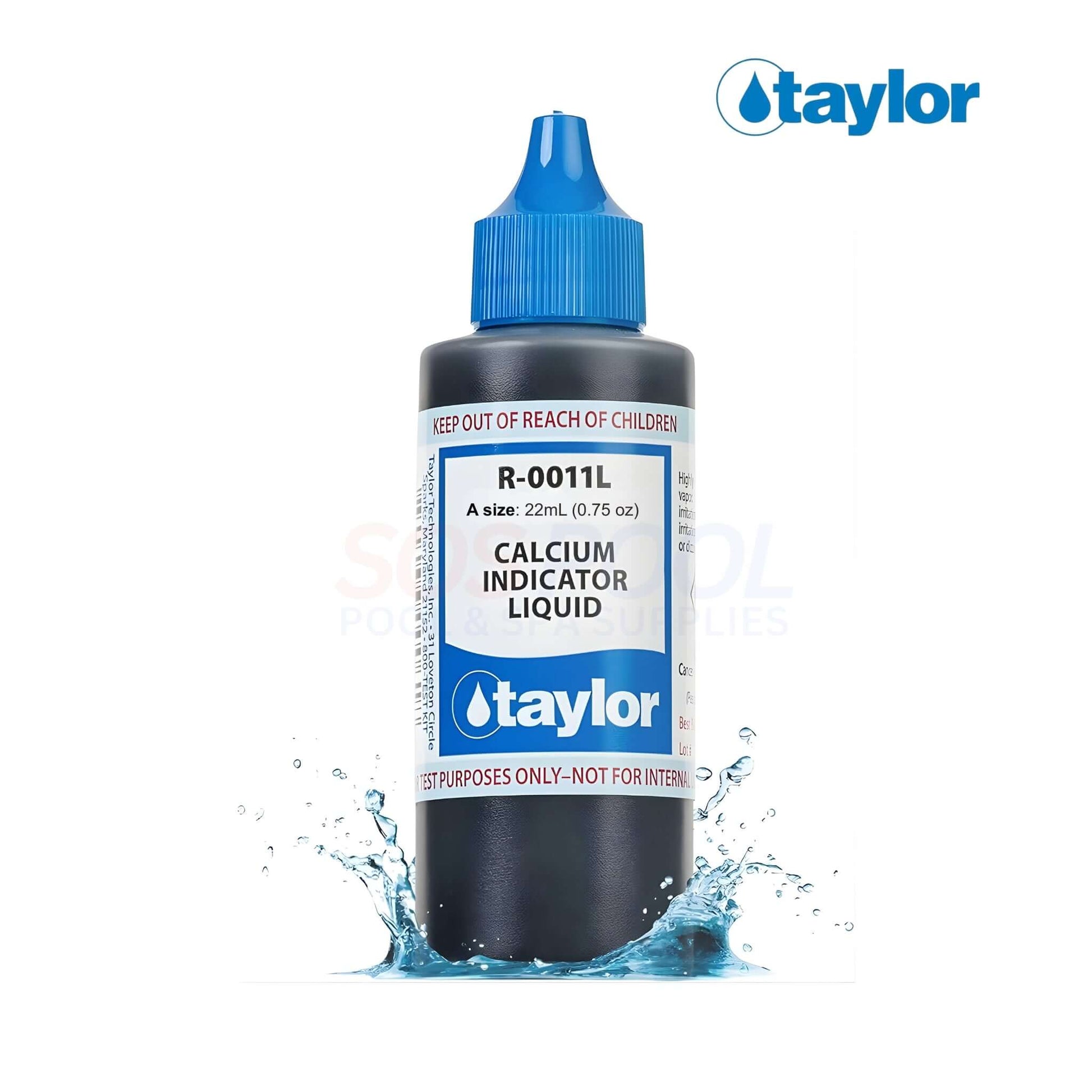 Taylor Calcium Indicator Liquid | 0.75 oz. | R-0011L-A bottle with blue cap, surrounded by water droplets, for pool testing.