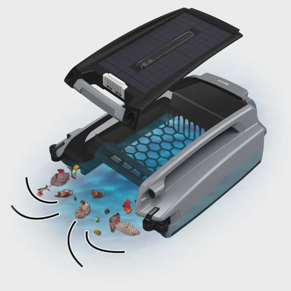 Betta SE Plus Solar Powered Smart Robotic Pool Skimmer, SOS Pool, showcasing solar panel and cleaning mechanism.