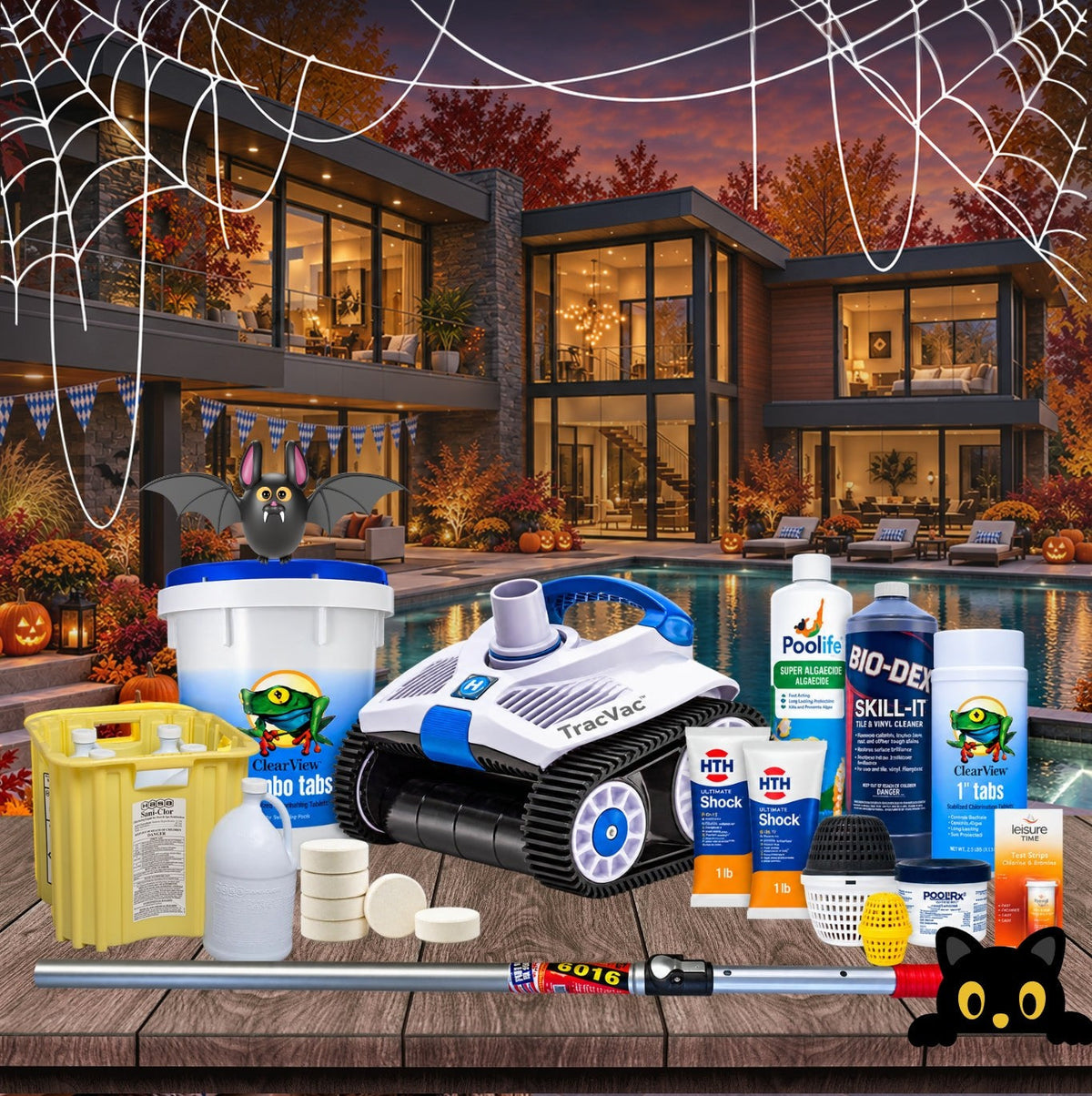 Fall pool deals: backyard pool at dusk with autumn decor