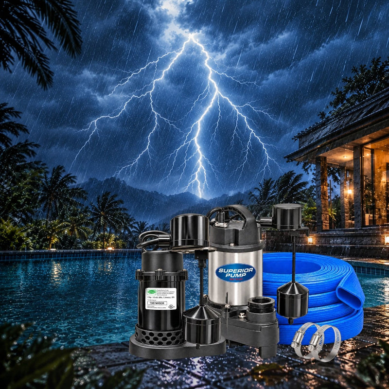 Submersible pumps and discharge hose for storm prep