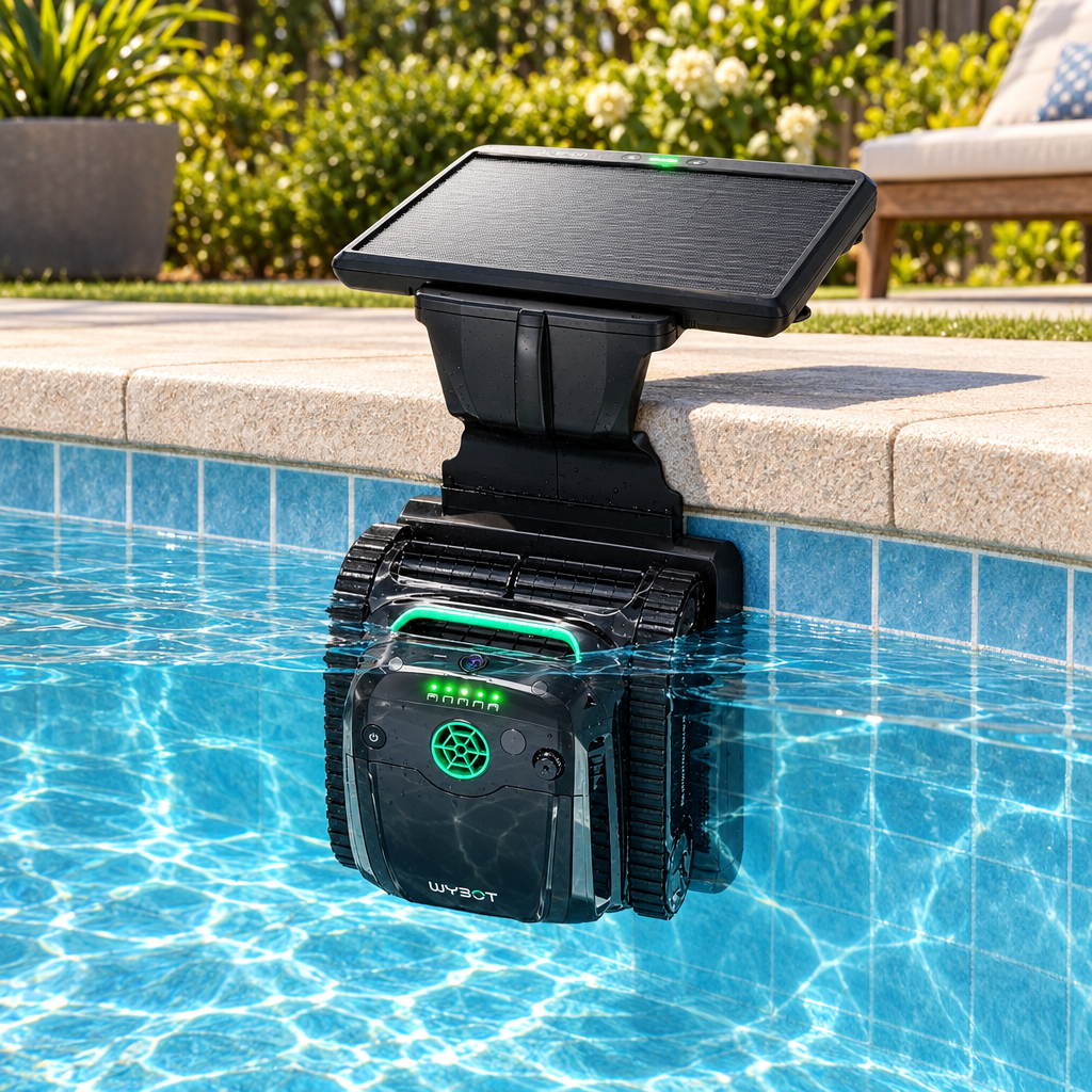 Wybot S2 Solar Vision robotic pool cleaner docked on its solar station