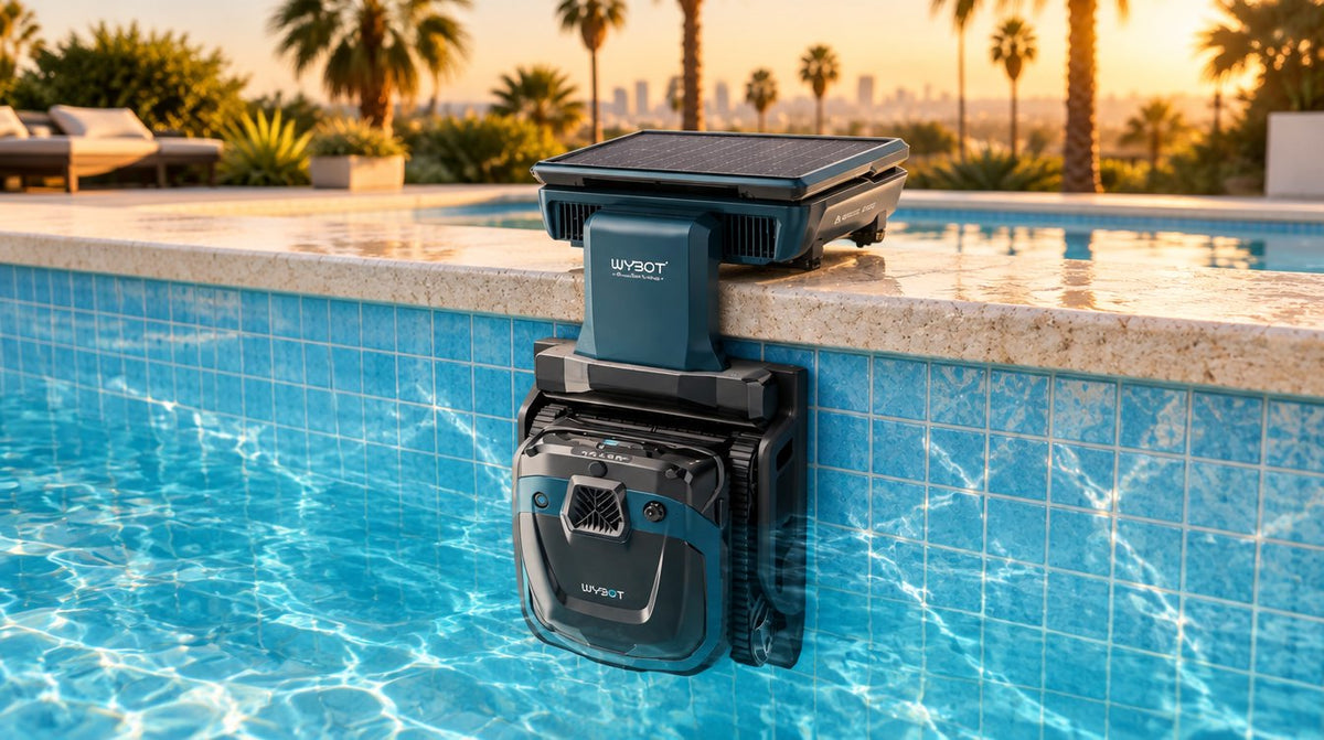 Wybot S3 solar robotic pool cleaner docked at the pool edge